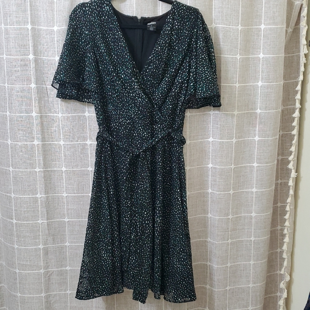 DKNY Green Wrap Midi Dress with Flutter Sleeves